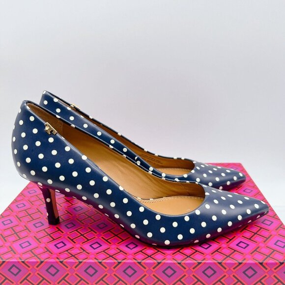 Tory Burch Penelope 65MM Polka A Dot Pointed Toe Heel Pump Blue Leather US 6 - Picture 5 of 9